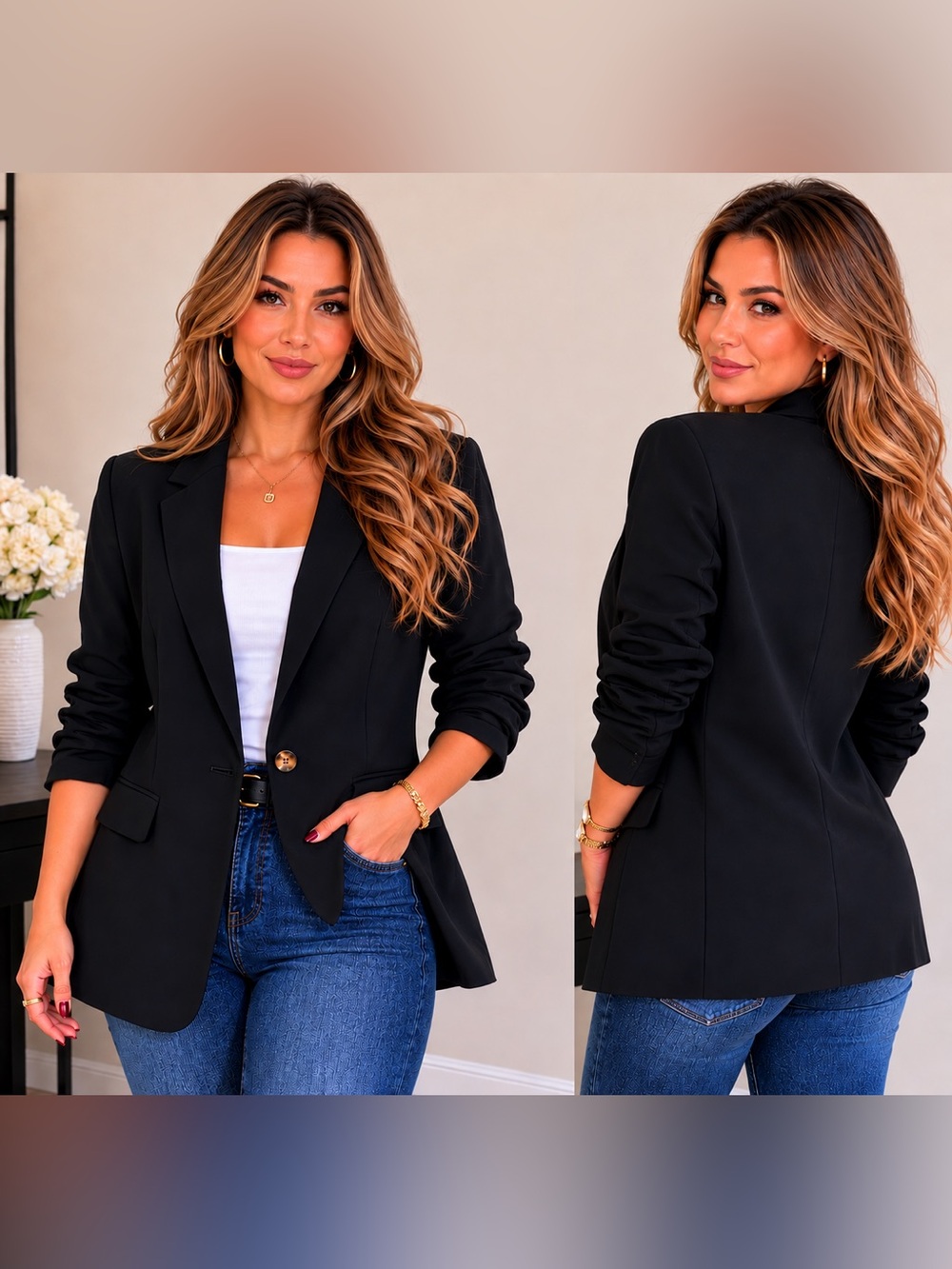 Calvin Klein Black Ruched Sleeve Blazer Jacket Women’s Size 8 One Button Chic